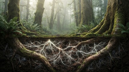 Subterranean fungal mycelium and interconnected tree roots within a foggy forest ecosystem.
