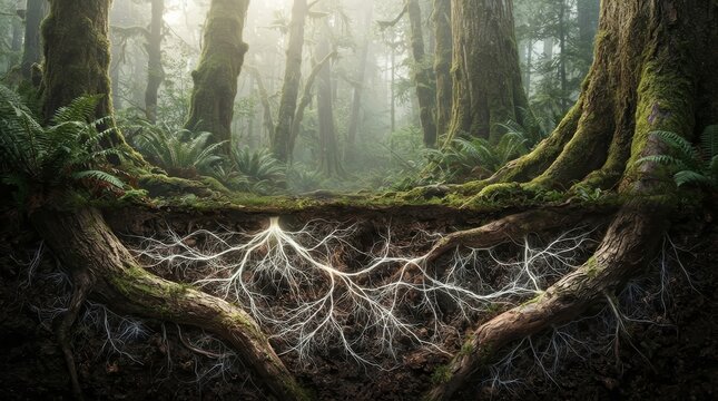 Subterranean fungal mycelium and interconnected tree roots within a foggy forest ecosystem.