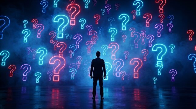 A man engages in strategic thinking while facing a bright wall of neon question marks.