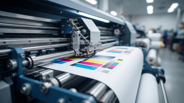 Close-up of a professional wide-format printer performing CMYK color calibration.