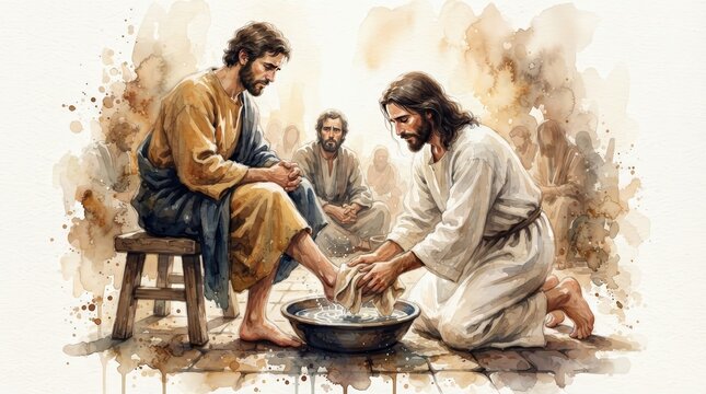 A biblical watercolor illustration of Jesus performing the act of foot washing for his disciple.