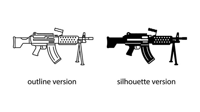 Machine Gun Icon: A set of machine gun icons, one in outline and one in silhouette, showcasing a detailed representation of a firearm with bipod.