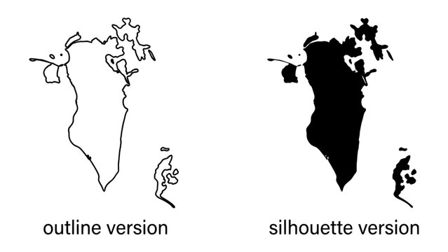 Bahrain Outline and Silhouette: Two depictions of the country of Bahrain, one a simple outline and the other a solid black silhouette, perfect for cartography and graphic design projects.