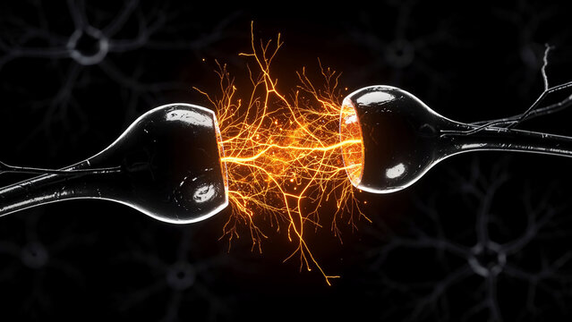 Close-up of two neurons firing electrical impulses across synaptic gap with vibrant orange energy, perfect for science education, medical illustration and technology concepts