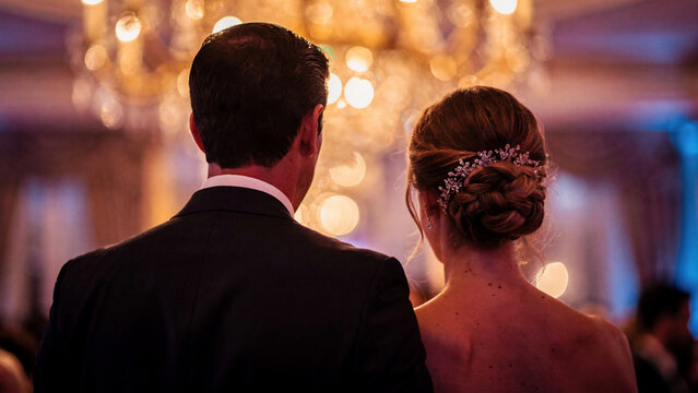 Couple from behind in elegant formal wear, illuminated by warm chandelier light, perfect for weddings, events and lifestyle photography