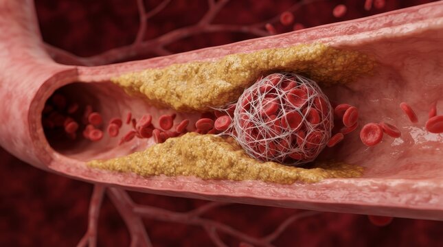 A red fibrin clot blocks the passageway due to yellow cholesterol plaque accumulation in the artery.