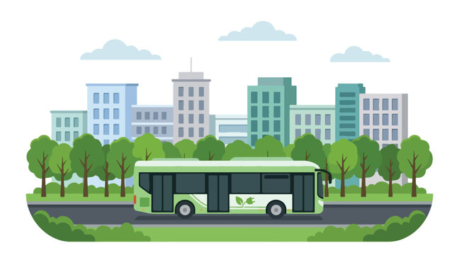 Flat style vector illustration of a modern electric city bus operating on an urban street. Perfect for public transportation campaigns, sustainable mobility, smart cities and green transit