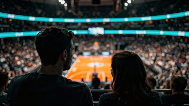 Couple watching a basketball game from stadium seats, wide shot, suitable for sports advertising, entertainment blogs and leisure promotion