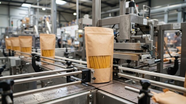 Automated machinery packaging pasta into brown paper bags on a production line.