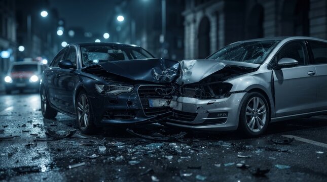 A car accident involving two vehicles with smashed front ends after a collision.