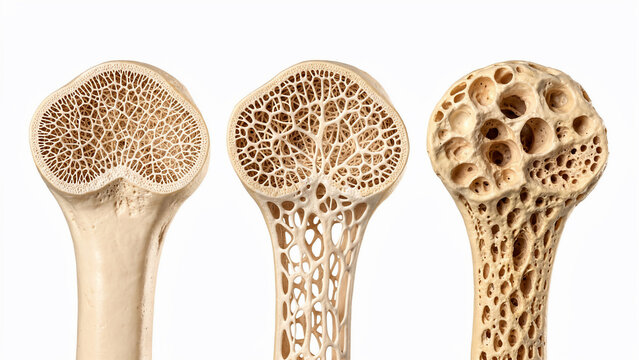 Cross-sections of healthy and osteoporotic bone tissue, illustrating bone density loss, ideal for medical illustration, health awareness and pharmaceutical advertising