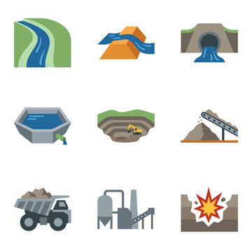 Collection of mining and water management icons, flat color vector set showing diversion channel, berm, culvert, settling pond, open pit mine, conveyor belt, dump truck, industrial plant, and