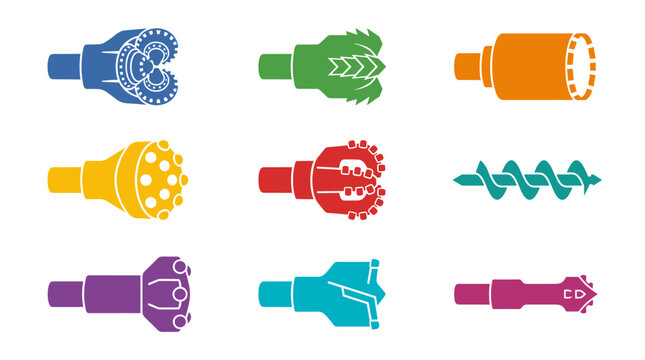 Collection of nine flat color vector icons depicting various mining and drilling bits in a 3x3 grid, including tricone, drag, diamond core, button, PDC, auger, and hammer bits