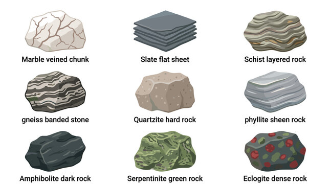 Collection of nine flat color vector icons depicting various metamorphic rocks in a 3x3 grid, including marble, slate, schist, gneiss, quartzite, phyllite, amphibolite, serpentinite, and garnet