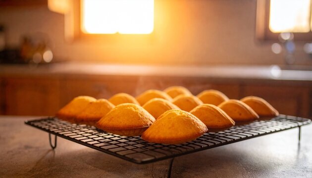 freshly baked madeleines cooling on a wire rack with warm backlighting