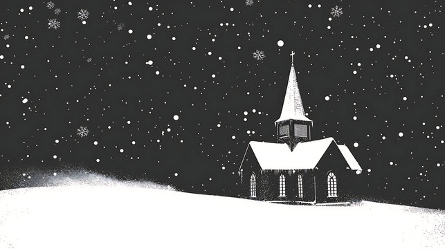 Small church in snowy landscape. Isolated chapel in winter scene.
