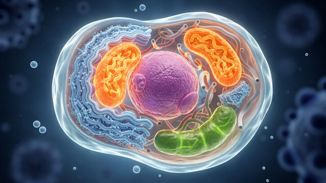 Detailed 3D rendering of a human animal cell with nucleus, mitochondria, and endoplasmic reticulum, ideal for science education, medical illustration and biology research