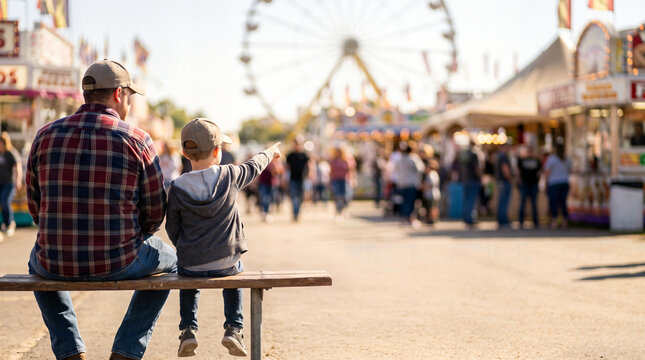 Rear view of a father and son sitting on a wooden bench pointing at a Ferris wheel at a summer county fair, featuring blurred background and ample copy space
