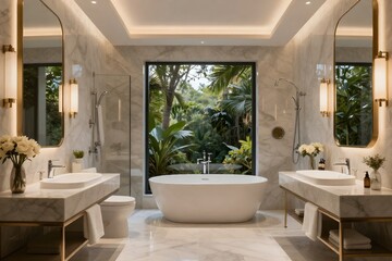 Fototapeta premium Luxury marble bathroom with tropical garden view, elegant interior design for high-end resort hotel background
