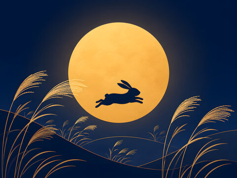 Minimalist 2D vector illustration of Chuseok mid autumn festival with giant golden full moon and rabbit silhouette