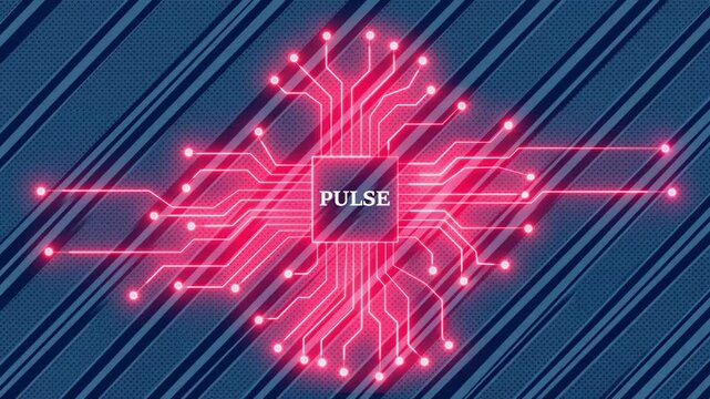 Red glowing digital circuit board animation with pulse text inside cpu chip on blue striped background.