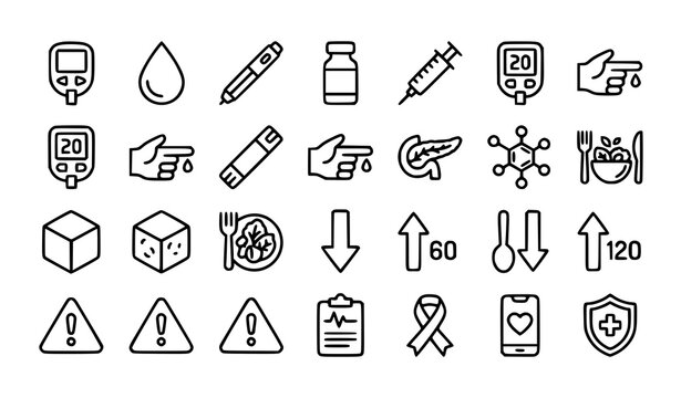 Diabetes Outline Icons Set with Editable Stroke Blood Sugar Glucometer Hyperglycemia Medical Vector