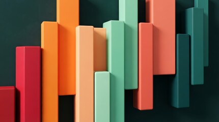 Fototapeta premium Dynamic geometric design with red, orange, and green vertical bars in an abstract pattern.