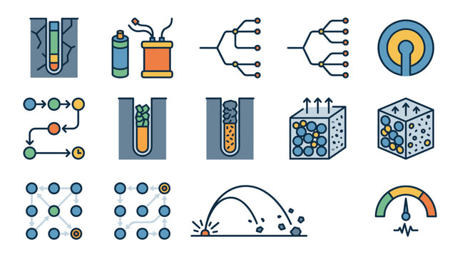 Set of 9 flat color vector icons illustrating mining explosive charges, including borehole charge column, primer, detonating cord, initiation sequence, stemming plug, and detonation diagram