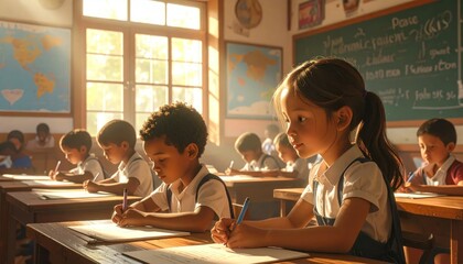Fototapeta premium Diverse group of elementary school children focused on writing during a lesson in a sunlit classroom, emphasizing education and learning