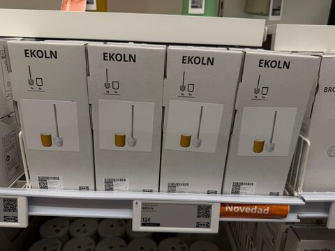 Mallorca, spain, july 09, 2026, ikea ekoln toilet brush sets in packaging, arrayed on a shelf inside a retail store, highlighting shopping and product availability