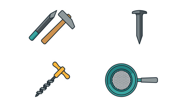 Set of four flat color mining tool icons including rock chisel hammer, mining spike, hand auger drill, and prospecting sieve pan on a pure white background