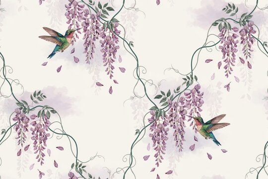 Seamless repeating pattern of delicate hummingbirds flying among hanging purple wisteria blossoms and green vines on a light cream background