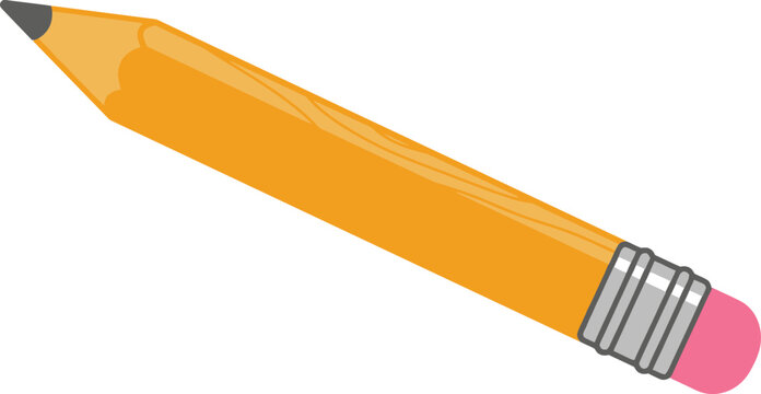 Yellow wooden pencil on transparent background with pencil pink eraser