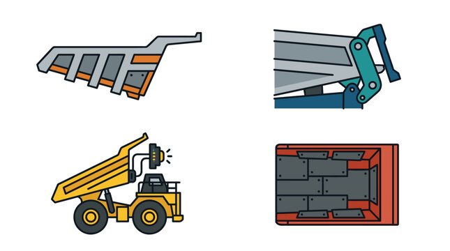 Set of four mining truck icons, dump truck body, reinforced dump bed liner, tailgate hinge and wear plate panel details, flat pixel art style