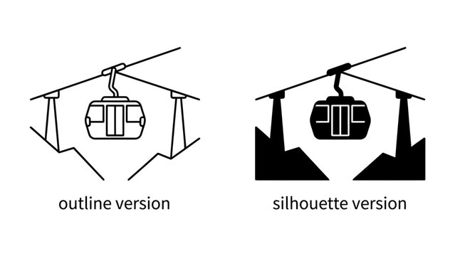 Cable Car Icon Set: Two distinct graphic representations of a cable car, one in an outline style and the other as a solid silhouette, designed for clear visual communication.