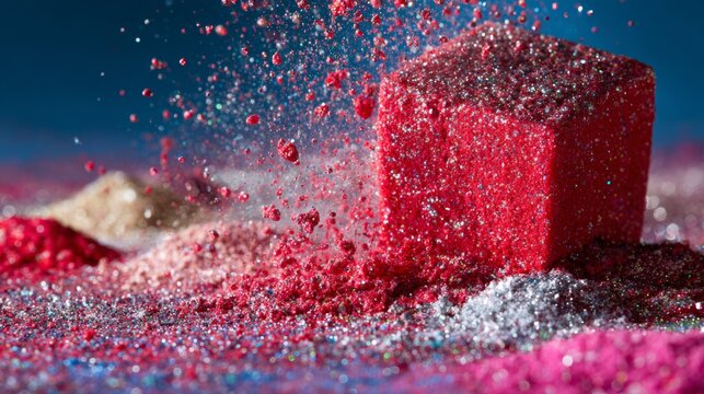 Red Cube Covered in Powder and Glitter Explosion
