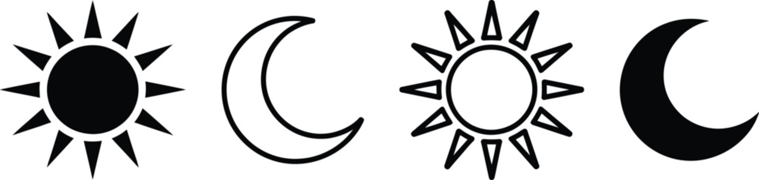 Sun, moon icon set, day and night symbols, dark mode, light mode, screen brightness control, weather, interface, UI, modern vector