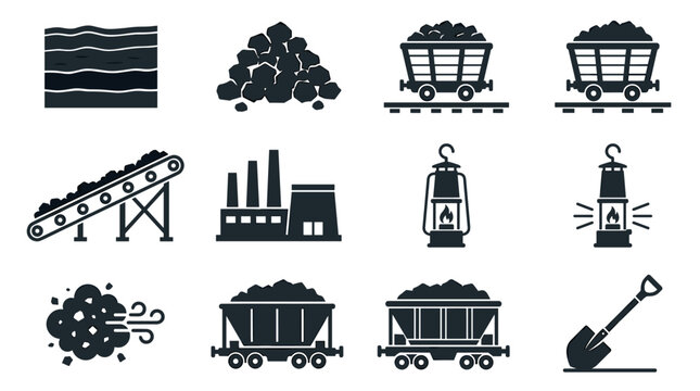 Set of nine flat color vector icons for coal mining industry including coal seam, lump pile, cart, conveyor, power plant, miner lamp, dust cloud, shovel