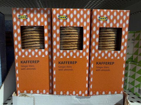 Mallorca, spain, july 09, 2026, ikea kafferep ginger thins with almonds, swedish retail food product packaging on a store shelf offering snacks