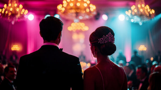 Elegant couple in formal attire at a glamorous gala, illuminated by vibrant chandeliers, suitable for luxury events, wedding celebrations and fashion promotions