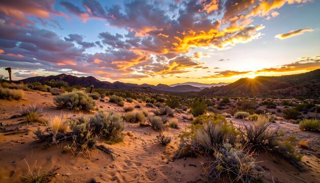 Dramatic sunrise over a desert valley with mountains, wild bushes, and colorful clouds in the sky.