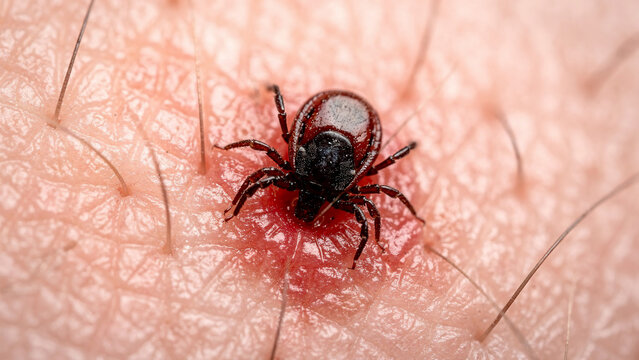 Extreme close-up macro shot of a dark brown tick embedded in human skin, showcasing its legs and the inflamed skin, perfect for medical illustrations, insect warnings and health education