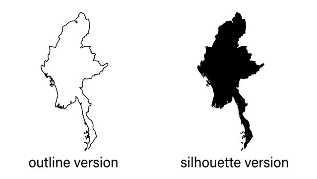 Myanmar Map Outline and Silhouette: A side-by-side comparison of the geographical outline and solid silhouette of Myanmar, representing its borders and national identity.
