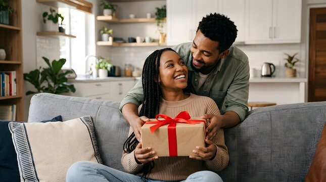 Loving african american man hugging his wife, giving gift box, making great surprise for St. Valentines Day, home interior, free space. Happy black guy embracing his girlfriend, holding present 