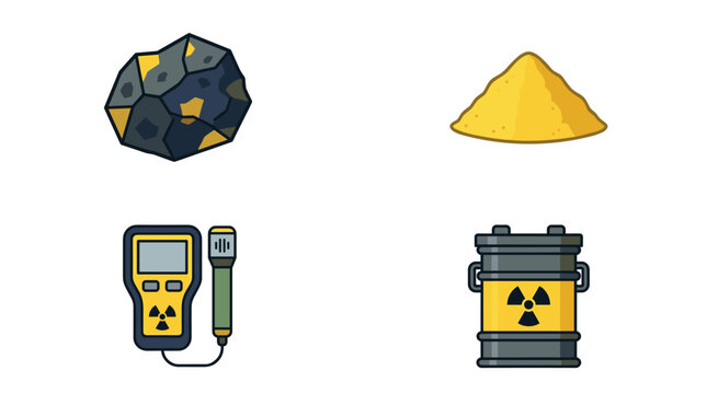 Uranium mining icons set flat color, including uraninite ore chunk, yellowcake powder mound, radiation detector device, and lead-lined container for nuclear energy concepts