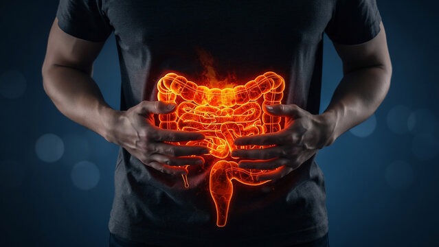 Glowing digestive system illustration held by hands, symbolizing internal distress and medical issues, ideal for health campaigns, pharmaceutical advertising and science education