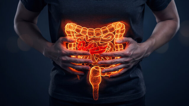 Glowing human intestines with a red inflamed section, held by hands, dark background, concept for health care, medical awareness and digestive system diagnostics