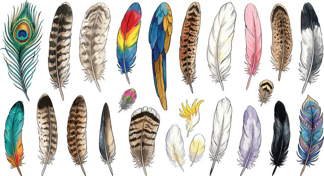 Detailed Colorful Feathers Vector Collection Featuring Peacock, Macaw, Owl, and Exotic Bird Plumage Elements for Boho Graphic Designs and Patterns