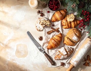 Fototapeta premium Rustic Christmas Bakery Flat Lay with Artisan Sourdough Bread, Croissants, Holiday Cookies and Cozy Candlelight on Wooden Table