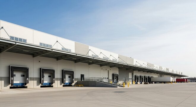 Modern Industrial Warehouse Facility with Loading Docks Under a Clear Blue Sky